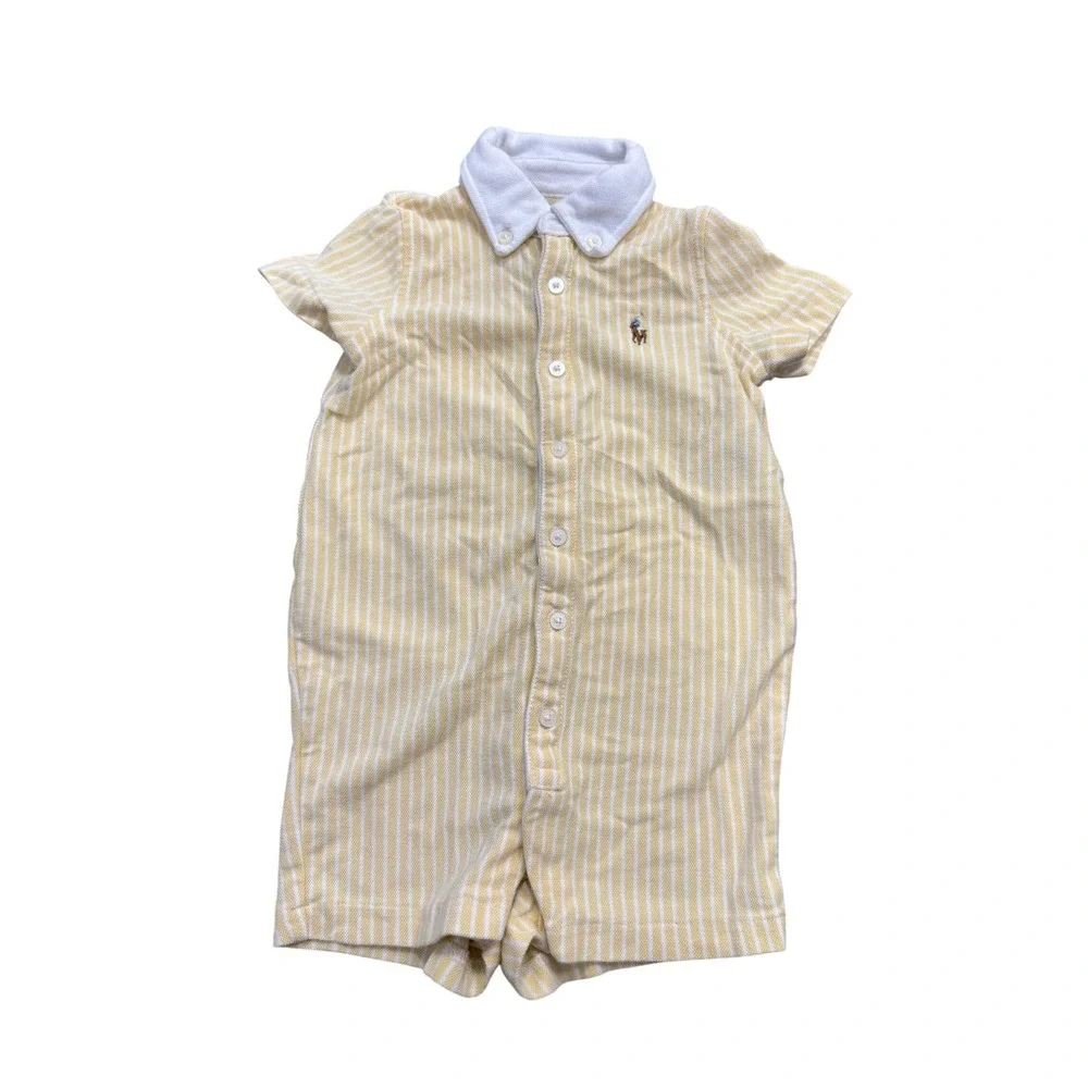 Ralph Lauren Baby Boy Yellow White Striped Polo Romper 12M Short Sleeve Cotton
